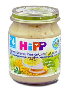 HIPP Meniu cu carne, Porumb dulce cu piure de cartofi si carne de Curcan (4 luni) 125 g /6203/ N1
