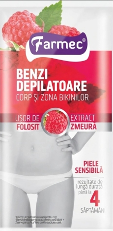 Farmec benzi depilatoare p/u corp si zona bikini zmeura 14 benzi+2 servetele N1