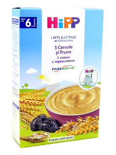 HIPP Terci organic cu lapte - 5 cereale si prune (6 luni) 250 g /2918/ N1