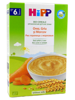 HIPP Terci organic fara lapte Orez, griu si morcov (6 luni) 200 g /2896/ N1