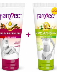 Pachet Promo Farmec: Cremă depilatoare pentru piele sensibilă 150 ml + Gel după depilare 100 ml